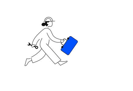 Piirroskuva asentajanaisesta jolla on sininen työkalupakki ja musta jakoavain - KONE huolto, KONE asiakaspalvelu